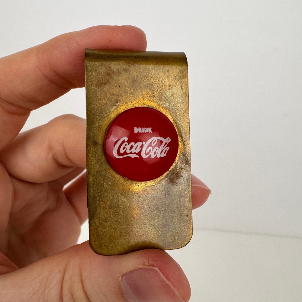 Vtg Coca Cola Coke Soda Merch w Red Logo Money Clip Brass Gold Color Metal Aged